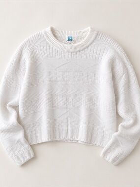Vintage White Textured Ramie Cotton Sweater Cropped Boxy Knit Medium